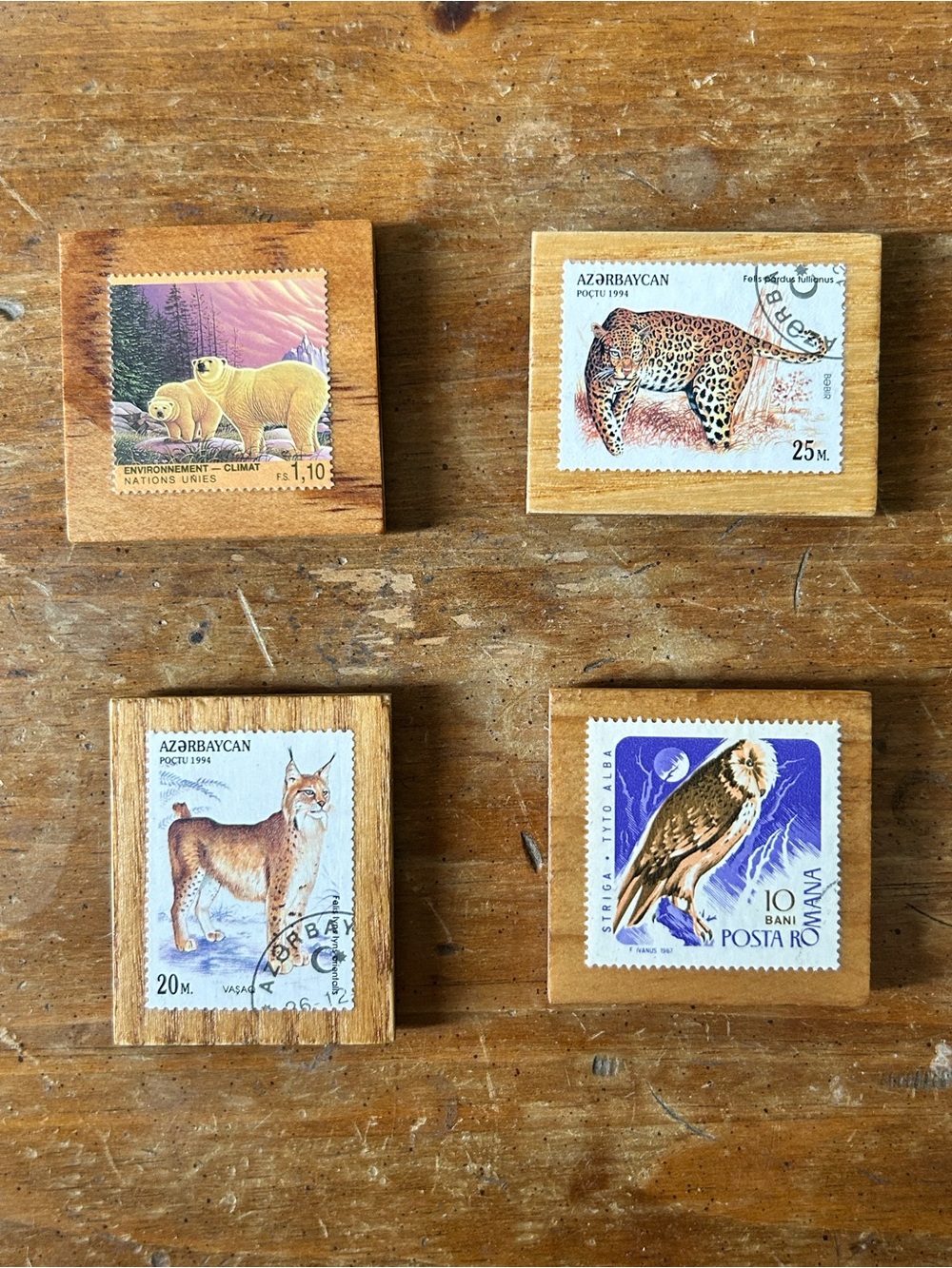 Handmade Vintage Postage Stamp Magnets On Wood • Animals you pick one